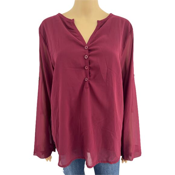 SHEIN Tops - Shein (L) Burgundy Red Sheer Button Back RollTab Long Sleeve Blouse Top